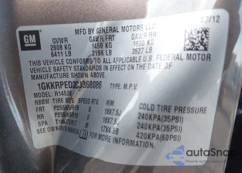 2012 GMC Acadia Sle z USA, uszkodzony, nr VIN 1GKKRPED2CJ368086